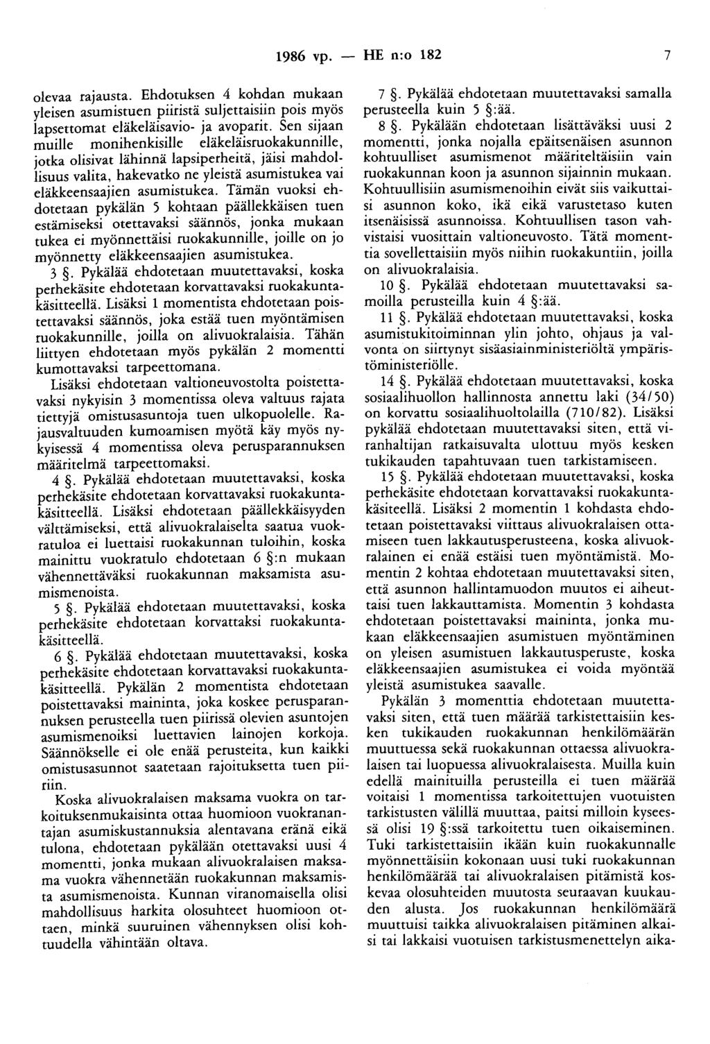 1986 vp. - HE n:o 182 7 olevaa rajausta. Ehdotuksen 4 kohdan mukaan yleisen asumistuen piiristä suljettaisiin pois myös lapsettomat eläkeläisavio- ja avoparit.
