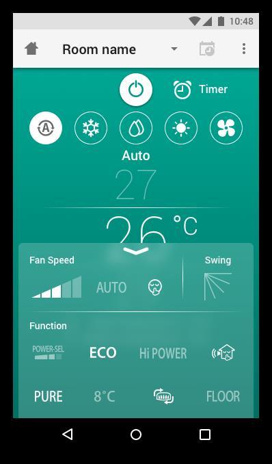 Älypuhelinsovellus Sovelluksen käyttö Viikkoajastimen asetukset Virta ON/OFF Ajastin ON/OFF asetukset TOIMINNON valinta : Auto, Jääh, Kuiv, Läm, Fan Lämpötilan asetus (17 C - 30 C)