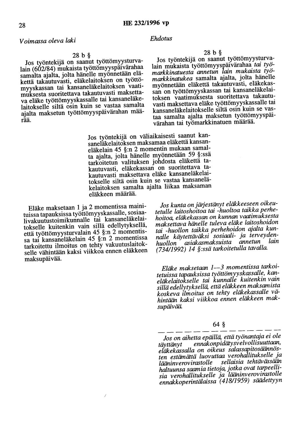 28 HE 232/1996 vp 28 b Jos työntekijä on saanut työttömyysturvalain (602/84) mukaista työttömyyspäivärahaa samalta ajalta, jolta hänelle myönnetään eläkettä takautuvasti, eläkelaitoksen on