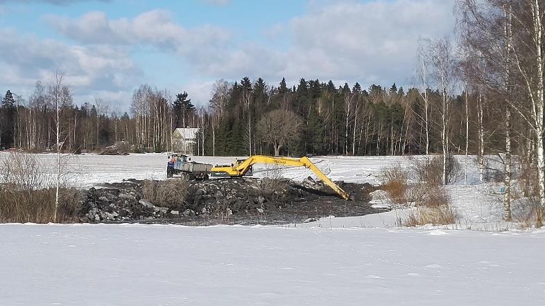 Markanojan kosteikon toimivuutta parannettiin kosteikon yläosan sedimentoimisaluetta laajentamalla ja syventämällä maaliskuussa 2018. Ruoppausalueen pinta-ala oli n. 600 m 2 (Kuva 4.).