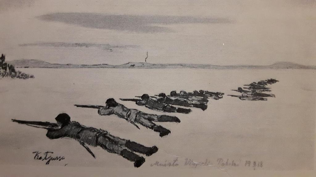 Sotakoululaiset harjoituksissa Lappajärven jäällä Pokelan kylän