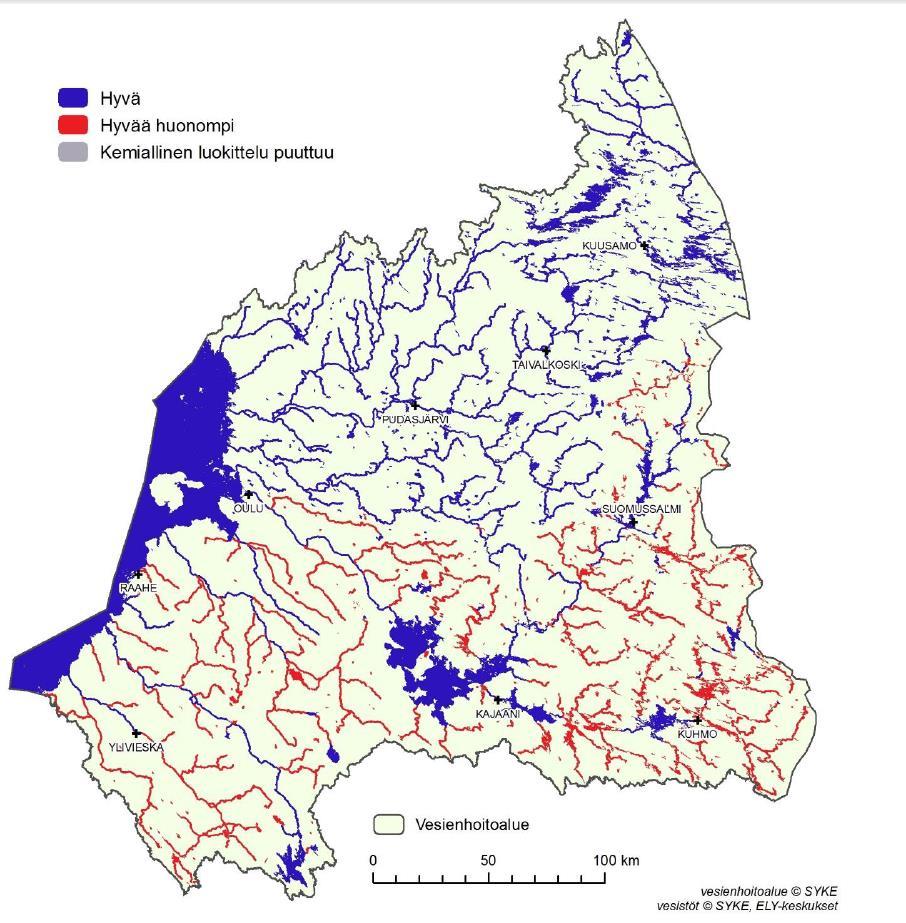 8 Kuva 4. Kokonaisarvio Oulujoen-Iijoen vesienhoitoalueen pintavesien kemiallisesta tilasta vesienhoidon II-suunnittelukaudella (Laine ym.