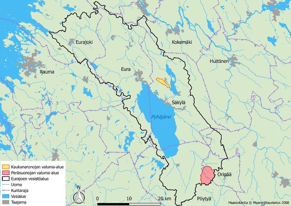 Kuva 1. LOHKO II -hankkeen vedenlaadun mittausalueet Pyhäjärvi-instituutin alueella. Peräsuonojalla mittaukset ja vedenlaadun seuranta vesinäytteenotoin jatkuivat kuten 1.