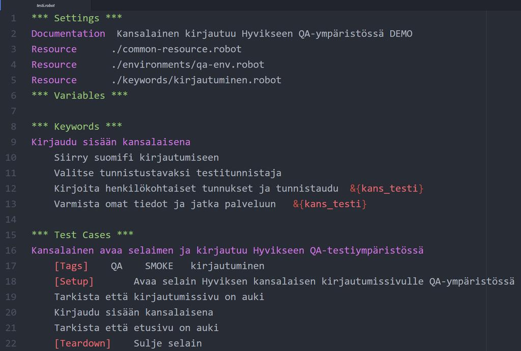 38 Kuva 22. Esimerkkitestisovelluksen testi.robot-rakenne Edellä olevaan testi.robot-testisovellukseen (kuva 22) kerättiin kaikki testin ajamiseksi tarvittava testidata.