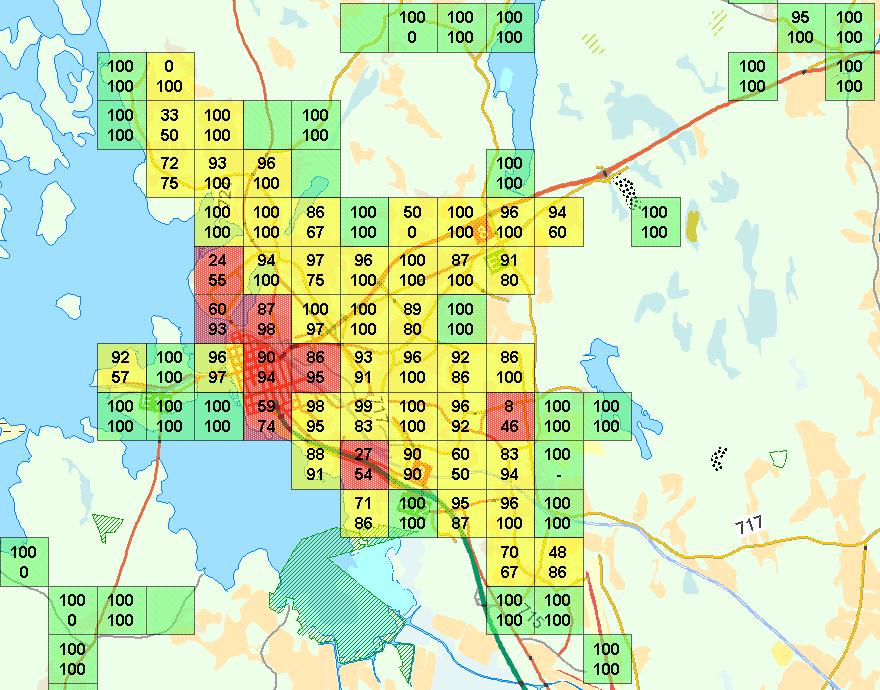 Kuva 21. Saavutettavuustarkastelu. Riskiluokkien I-III ruudut sekä saavutettavuusaikatavoitteiden täyttyminen (2013 2016). Ylempi numero 1.