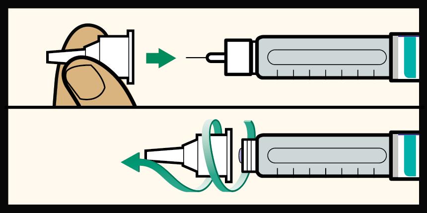 9. Pistoksen jälkeen Varo, ettet pistä neulalla sormeesi. Paina ulompi neulansuojus tiukasti paikoilleen ja kierrä sen avulla neula irti.