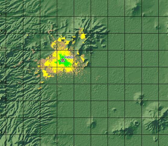 about 2.5 miles / 4 km (1.9 miles / 3.1 km via Okumura- Hata) of radius in main beams. EIRP: 69.3 dbm Ant: 0/120/240 deg, 30 m Downtilt: 0/0/0 deg 1.6 miles / 2.5 km (1.6 miles / 2.5 km via Okumura-Hata) of radius.