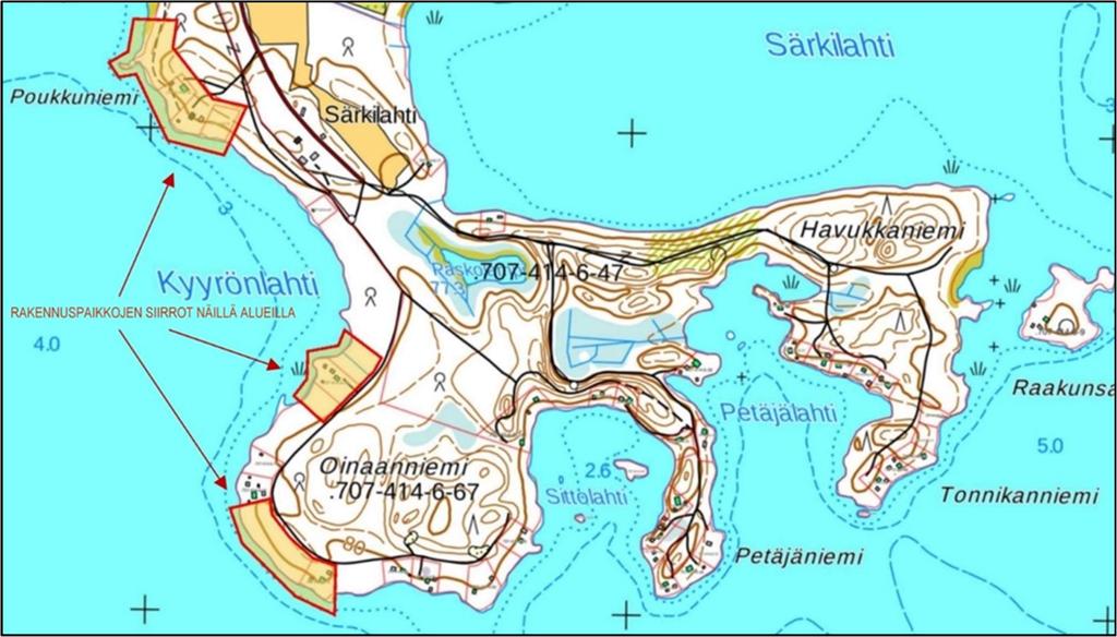 2 Kaava-alue, maanomistus ja tavoitteet KUVA 2: Alueet, joihin rakennuspaikkojen siirrot kohdentuvat Kaavamuutoksella päivitetään ranta-asemakaava kokonaisuudessaan.