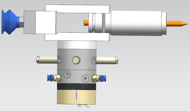 Käytettäväksi robotiksi valittiin konelaboratorion ABB IRB-120 -robottisolu (Kuva 11), jonka käyttämä monitoimityökalu (Kuva 12) koostui sekä kynästä että imukupista, ja joka