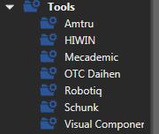 Robotissa käytettäviä työkaluja löytyy e-catalogin Tools-luettelosta (Kuva 10) monelta eri valmistajalta ja niistäkin on mallikuvat (Kuva 11)