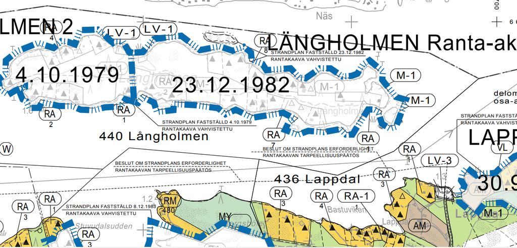 T201805 5 Kuva 5. Ote Kemiönsaaren rantayleiskaavasta, joka hyväksyttiin 14.6.2018. Yleiskaavaan ei ole asetettu erityisiä suojelumerkintöjä Långholmenin vastaiselle rannalle.