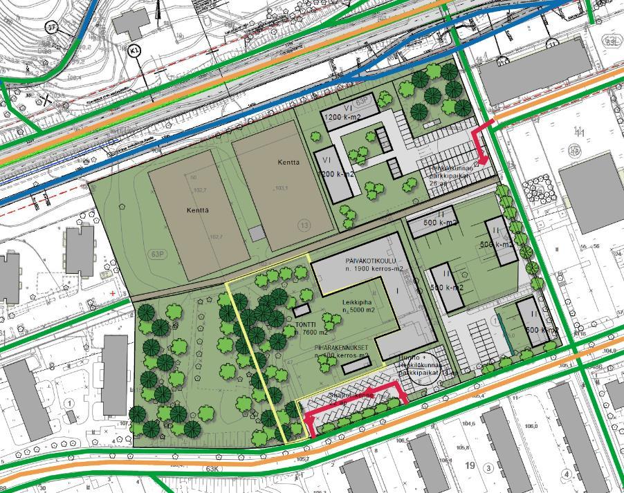 28/48 Kaupunkikuvan, liikenteen ja päiväkotikoulun toimintaedellytykset huomioiden vaihtoehdoista työstettiin alla olevat vaihtoehdot, 1a ja 1b.
