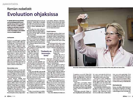 Älykkäästi ohjattua evoluutiota? LUKIJALTA Ilahduin, kun vuoden 2018 kemian Nobel myönnettiin professori Frances Arnold lle.