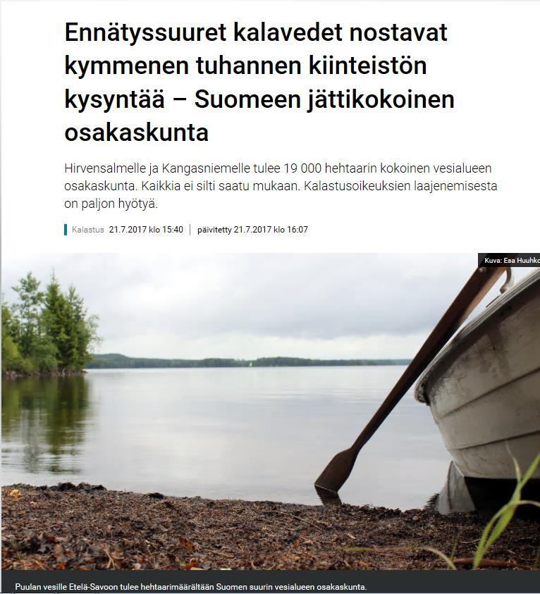 Osakaskuntien yhdistäminen: - Lisää omistajien kalastusmahdollisuuksia ja kiinteistöjen arvoa. - Edistää maaseudun yritystoimintaa (mm. mökkivuokraus) sekä kalatalouden ja matkailun kehittämistä.