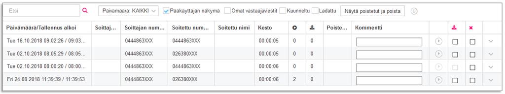 Soittajan numero ja soitettu numero on osittain estetty ja viestejä ei voi ladata eikä kuunnella.