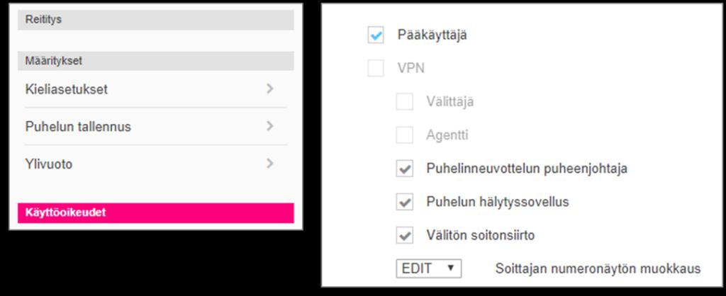 PÄÄKÄYTTÄJÄOIKEUKSIEN MYÖNTÄMINEN Yritystason pääkäyttäjän oikeudet määritetään käyttäjälle yritystason pääkäyttäjän toimesta käyttäjäkohtaisesti Käyttäjäasetuksista kohdasta Käyttöoikeudet tai DNA:n