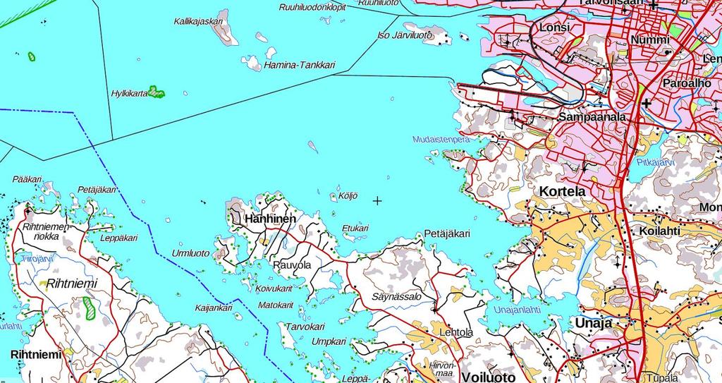 1). Rauman edusta on kohtalaisen matalan veden aluetta: veden syvyys alueella on keskimäärin 5 7 m ja syvinkin kohta on vain noin 15 m.