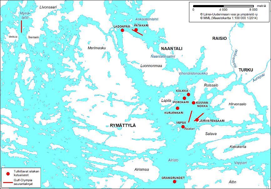 Kuva 6. Tutkimuksen kohteena olevat silakan kutualueet ja Gulf-seurantalinjat.