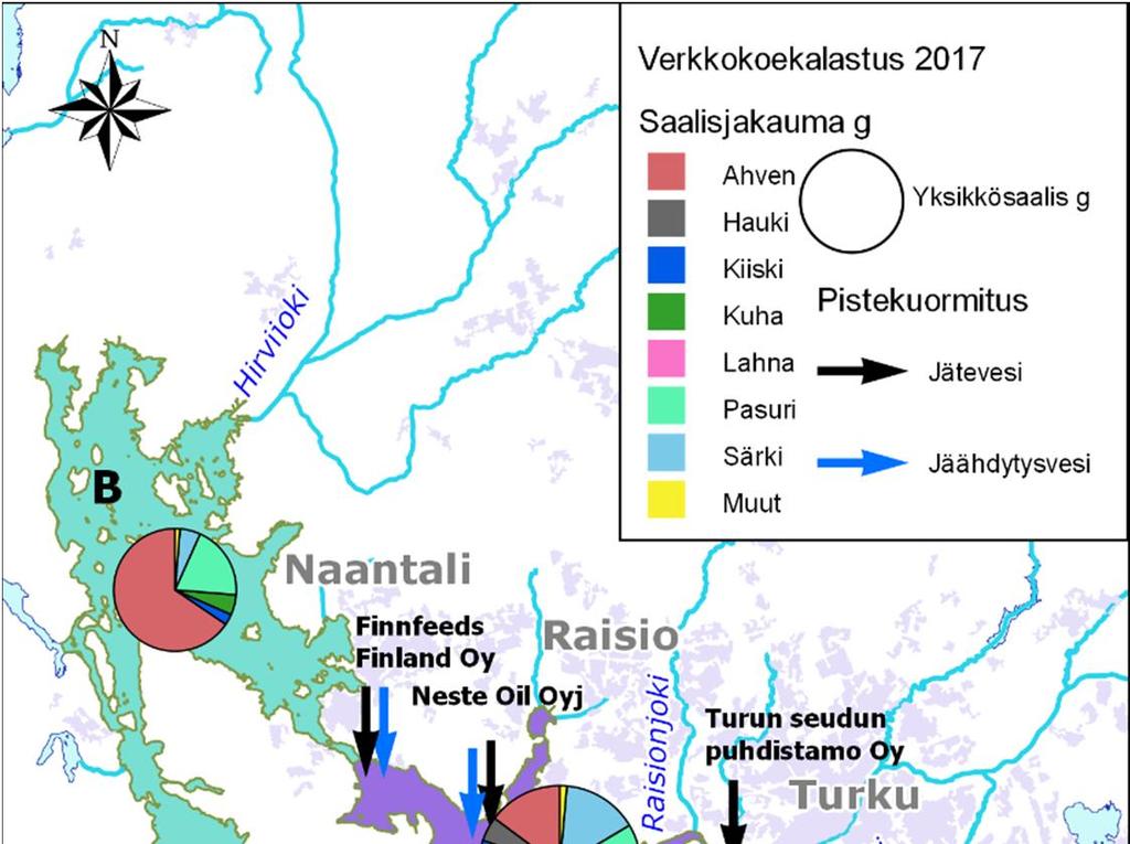 Kuva 2. Verkkokoekalastusten suhteellinen yksikkösaalis (g) ja saalisjakauma alueittain vuonna 2017.