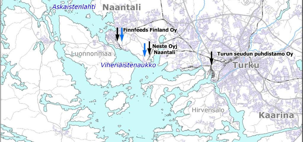 Paraisilla Vapparin eteläosaan. Teollisuuslaitoksista jäte-, lauhde- ja hulevesiä johdettiin Viheriäistenaukolle ja Naantalinsalmeen.