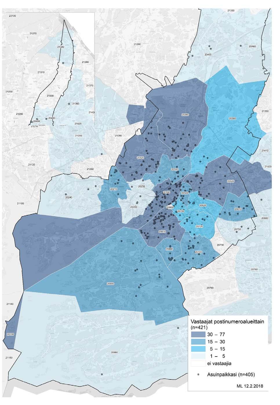 4 (33) 5 (33) 20,0 % 17,5 % 15,0 % 12,5 % 10,0 % 7,5 % 5,0 % 2,5 % 0,0 % Vastaajien postinumeroalueet verrattuna Turun postinumeroalueiden asukasmääriin (2016) 20100 20200 20210 20240 20250 20300