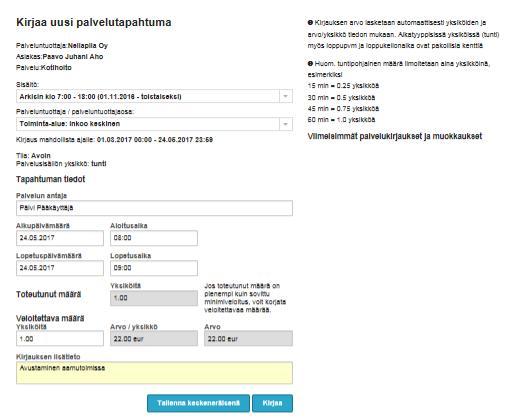 6.2 Kotihoito (palveluseteli) Valitse ensin alasvetovalikosta palvelusisältö ja taso (yritys tai sen osa, esim. toimipaikka), johon kirjaus kohdistuu.