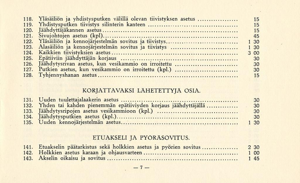 118. Yläsäiliön ja yhdistysputken välillä olevan tiivistyksen asetus 15 119. Yhdistysputken tiivistys silinterin kanteen 15 120. Jäähdyttäjäkannen asetus 15 121. Sivujohtojen asetus (kpl) 45 122.