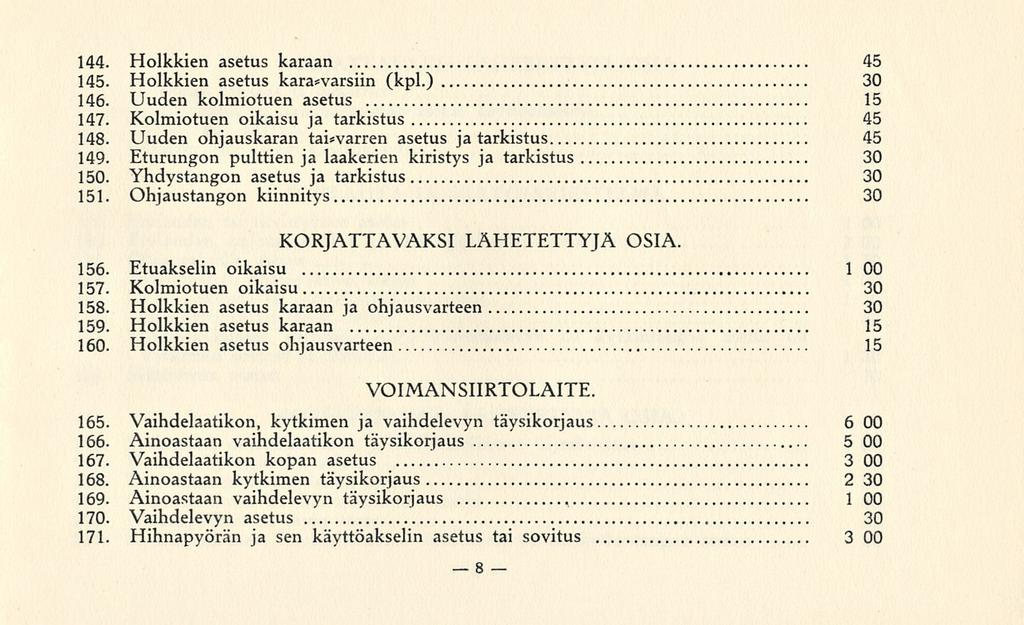 1 144. Hoikkien asetus karaan 45 145. Hoikkien asetus kara*varsiin (kpl.) 30 146. Uuden kolmiotuen asetus 15 147. Kolmiotuen oikaisu ja tarkistus 45 148.