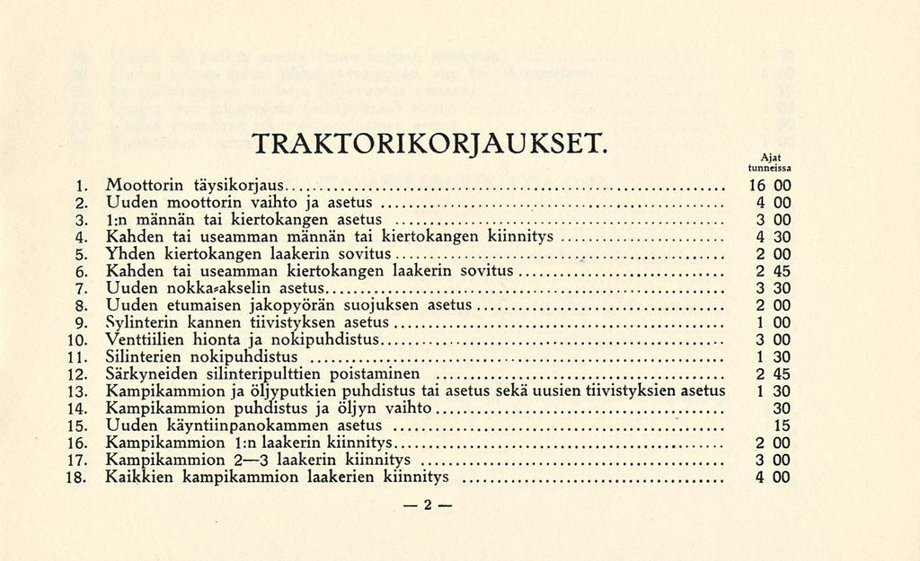 _ 2 TRAKTORIKORJAUKSET. tunneissa 1. Moottorin täysikorjaus 16 00 2. Uuden moottorin vaihto ja asetus 400 3. 1:n männän tai kiertokangen asetus 300 4.