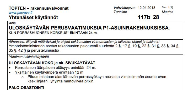 35 Poistumiseen käytettävät ovet Uloskäytävään johtavien ja huoneista sisäiseen käytävään johtavien ovien määrän ja leveyden on mahdollistettava niitä käyttävien henkilöiden poistuminen.