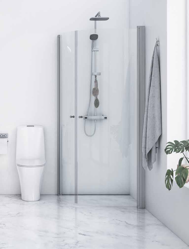 SUIHKU: IDO Showerama 10-4, kaarevat suihkuovet WC: IDO Glow Rimfree 64 PEILI: IDO Glow peilikaappi, 900 mm