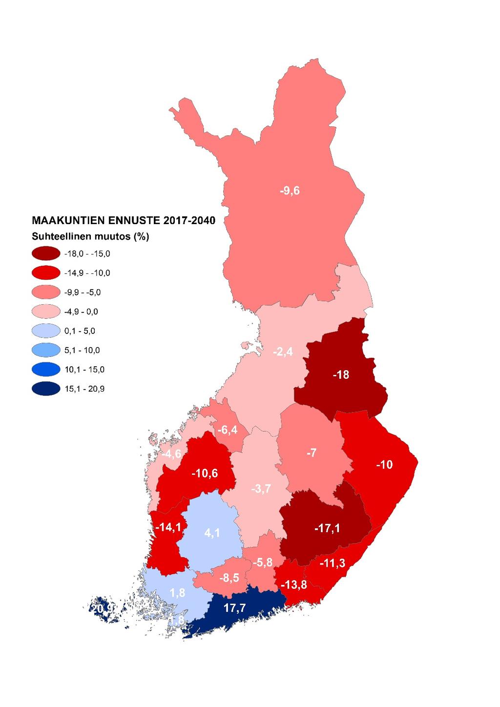 Maakuntien väestönkehitys 2017 2040 MDI:n ennusteen perusteella maakunnat voidaan jakaa kuuteen luokkaan: 1. Vahvan kasvun maakunnat: Uusimaa ja Ahvenanmaa.