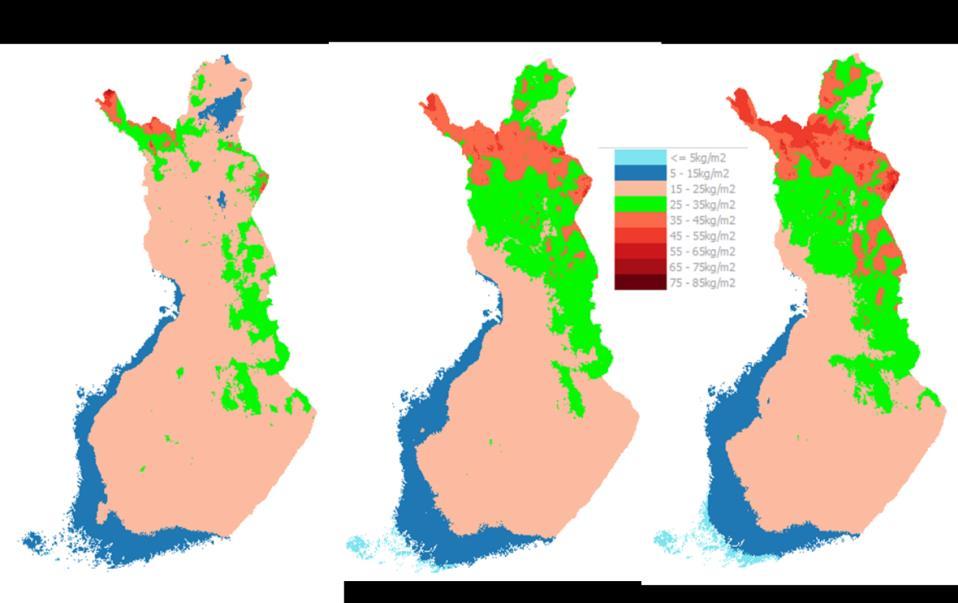 Kuva 5 Keskimääräinen talven suurin lumikuorma kuuden ilmastomallin keskiarvona RCP4.5-ilmastonmuutosskenaarion mukaan. 3. Tuhojen esiintyminen Suomen metsissä VMI11:n (11.