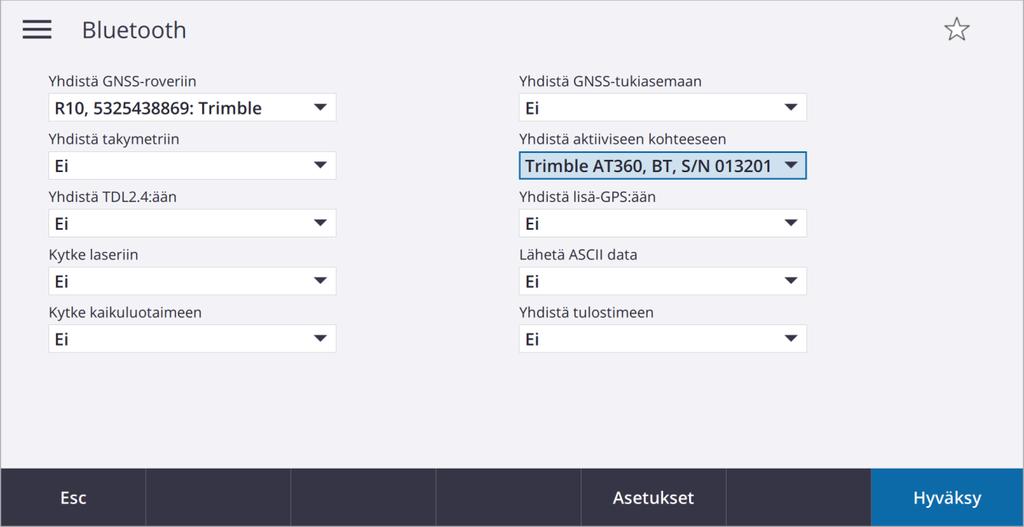 Takymetri- ja GNSS-mittauksen yhteysasetukset Bluetooth-valikosta otetaan käyttöön R-sarjan GNSS-vastaanotin AT360-aktiiviprisma (ebubble) (Mahdollinen