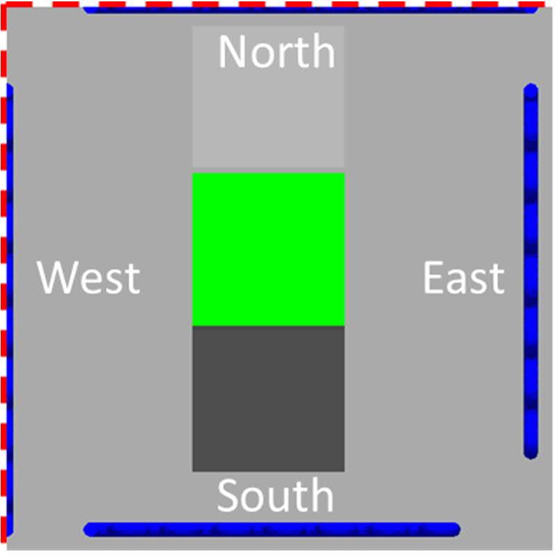 Tube walls are highlighted with blue color, burner walls with red at the bottom and outlet with green at top of the exhaust pipe.