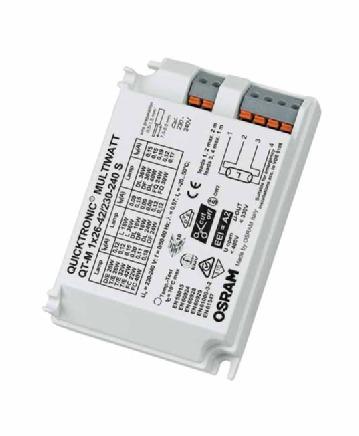 QTP-M 1X26 42 QUICKTRONIC-M Elektroninen liitäntälaite rengasloistelampuille (16 mm) Ssovellusalueet Turvavalojärjestelmät normin EN 50172 / DIN VDE 0108-100 mukaan Urheiluhallit ja tehtaat