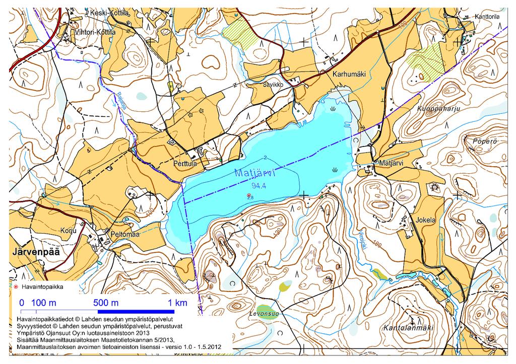 14 2.3 Matjärvi Kuva 16. Matjärven kartta ja syvyyskäyrät. Matjärvi on matala ja erittäin rehevä pieni järvi Hollolan ja Asikkalan kuntien alueella.