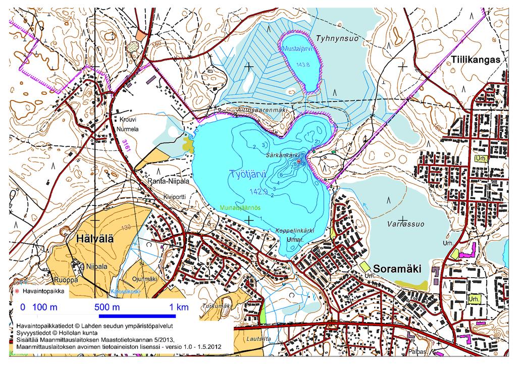 19 2.4 Työtjärvi Järvityyppi Ekologinen tila Vesipinta-ala Valuma-alueen pinta-ala Suurin syvyys Keskisyvyys Viipymä 0,56 km2 5 km2 8m 1,5 m 7 kk Kuva 24. Työtjärven kartta ja järven syvyyskäyrät.