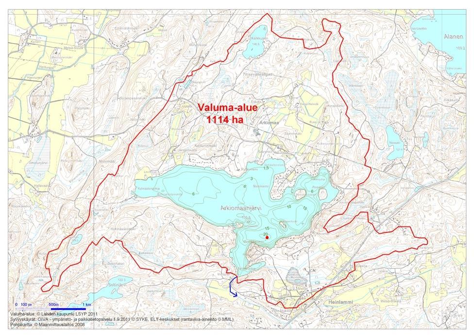 5 Kuva 2. Arkiomaanjärven syvyyskartta ja järven valuma-alue. Arkiomaanjärvi kuuluu pintavesityyppiin Pienet ja keskikokoiset vähähumuksiset järvet (Vh).