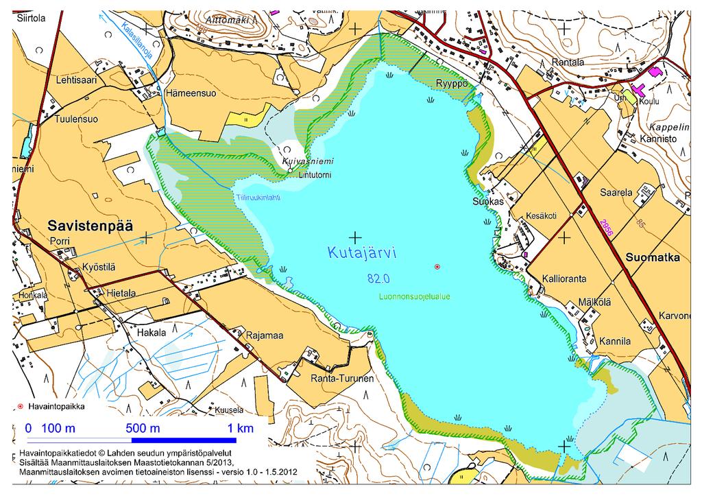 9 2.2 Kutajärvi Järvityyppi Matalat humusjärvet (Mh) Ekologinen tila Tyydyttävä Vesipinta-ala 1,6 km 2 Valuma-alueen pinta-ala 13 km 2 Suurin syvyys 1,3 m Keskisyvyys - Viipymä - Kuva 9.
