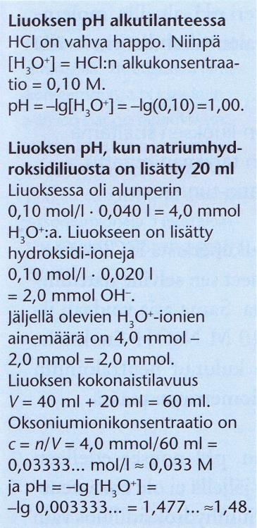 Kun lähestytään ekvivalenttikohtaa eli kohtaa, jossa NaOH ja HCl ovat täysin neutraloineet toisensa, ph lähtee jyrkkään nousuun. Pieni 0,01 ml tippa riittää nostamaan ph:n 4,90:stä 7,00:aan.