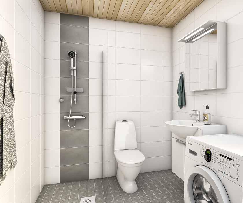 Kylpyhuone, WC, Sauna Kylpyhuoneiden seinälaatat ovat valkoisia ja suihkusekoittajan takana on tehostelaattaa pystyraitana. Seinien mahdollisissa ulkokulmissa käytetään valkoista kulmalistaa.