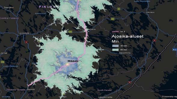 Mikkelin, Kuopion ja Kajaanin tunnin saavutettavuusvyöhykkeellä asui yhteensä 74,2 % Etelä- ja Pohjois-Savon sekä Kainuun asukkaista ja sijaitsi 72,3 % kaikista työpaikoista.