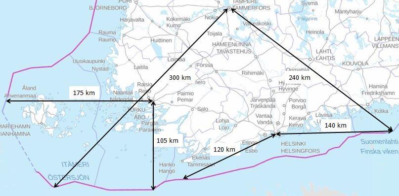 Kuva 20. Havainnekuva etäisyyksistä toiminta-alueella. Kuvassa on esitetty muutamia etäisyyksiä Helsingistä, Turusta ja Tampereelta eri kohtiin aluevesirajalle.