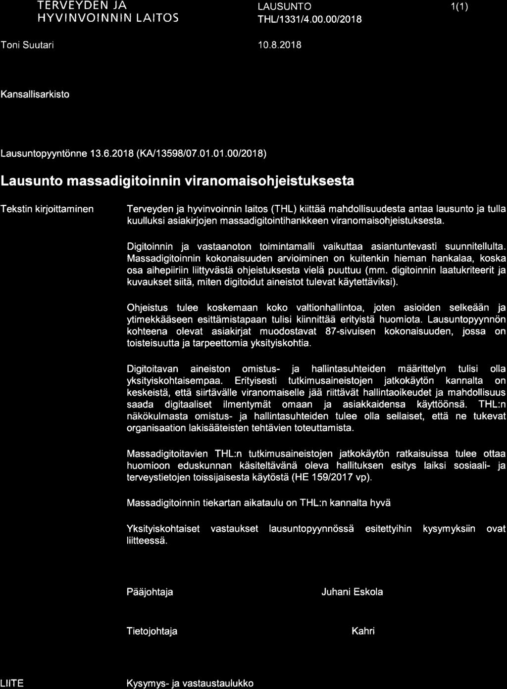 TERVEYDEN JA HYVINVOINNIN LAITOS LAUSUNTO THL 1331 t4.00.00/201 
