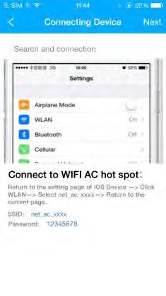 > Click WLAN > Select net_ac_xxxx > Return to the current page.