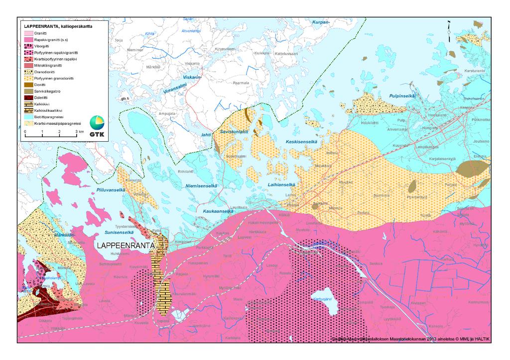 GEOLOGIAN TUTKIMUSKESKUS Lappeenrannan taustapitoisuudet 4 Tapiolasta Tyysterniemen suuntaan rapakiveä ja gneissiä leikkaa pohjois-eteläsuuntainen kalkkikivien ja kalkkisilikaattikivien vyöhyke,