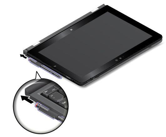 1. Ota Tablet Digitizer Pen -kynä tai ThinkPad Active Pen -kynä pois kynäpidikkeestä nuolen osoittamassa suunnassa. 2. Irrota kynäpidike kynäpidikkeen lokerosta tarvittaessa.