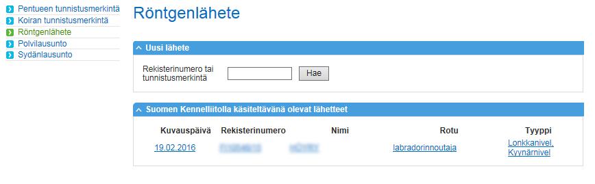 Röntgenlähete Voit lähettää Omakoira-palvelun kautta Dicom-muotoisia röntgenkuvia virallisesti lausuttavaksi.