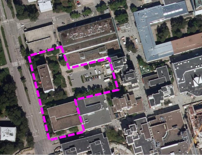 Autopaikkojen korttelialueen avoimen osan kannenalainen rakennusoikeus 9 200 k-m² poistuu kaavamuutoksella. Kuva 1: Suunnittelualueen sijainti opaskarttapohjalla.